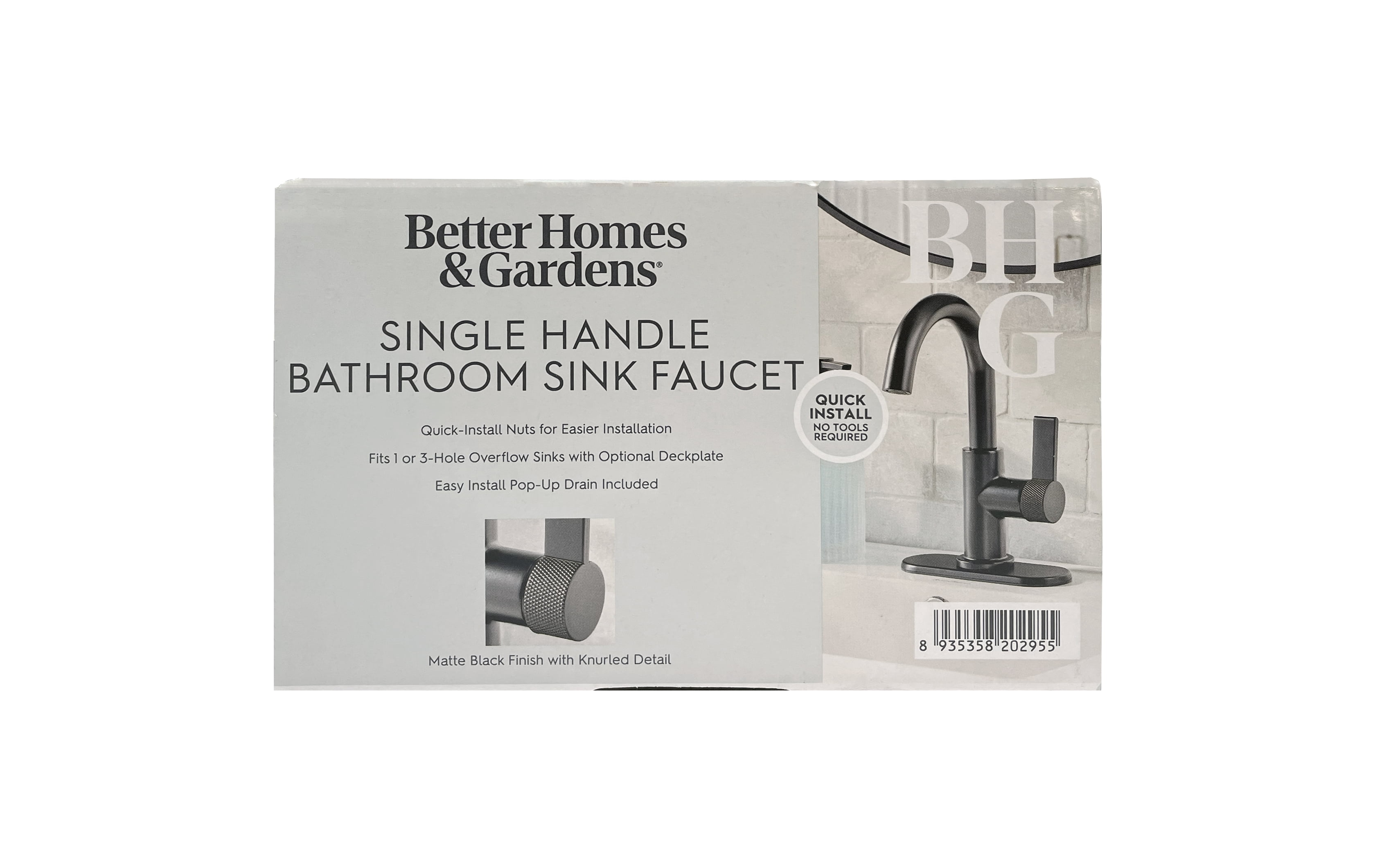Better Homes & Gardens Matte Black Single Handle High-Arc Bathroom Faucet with Knurled Handle