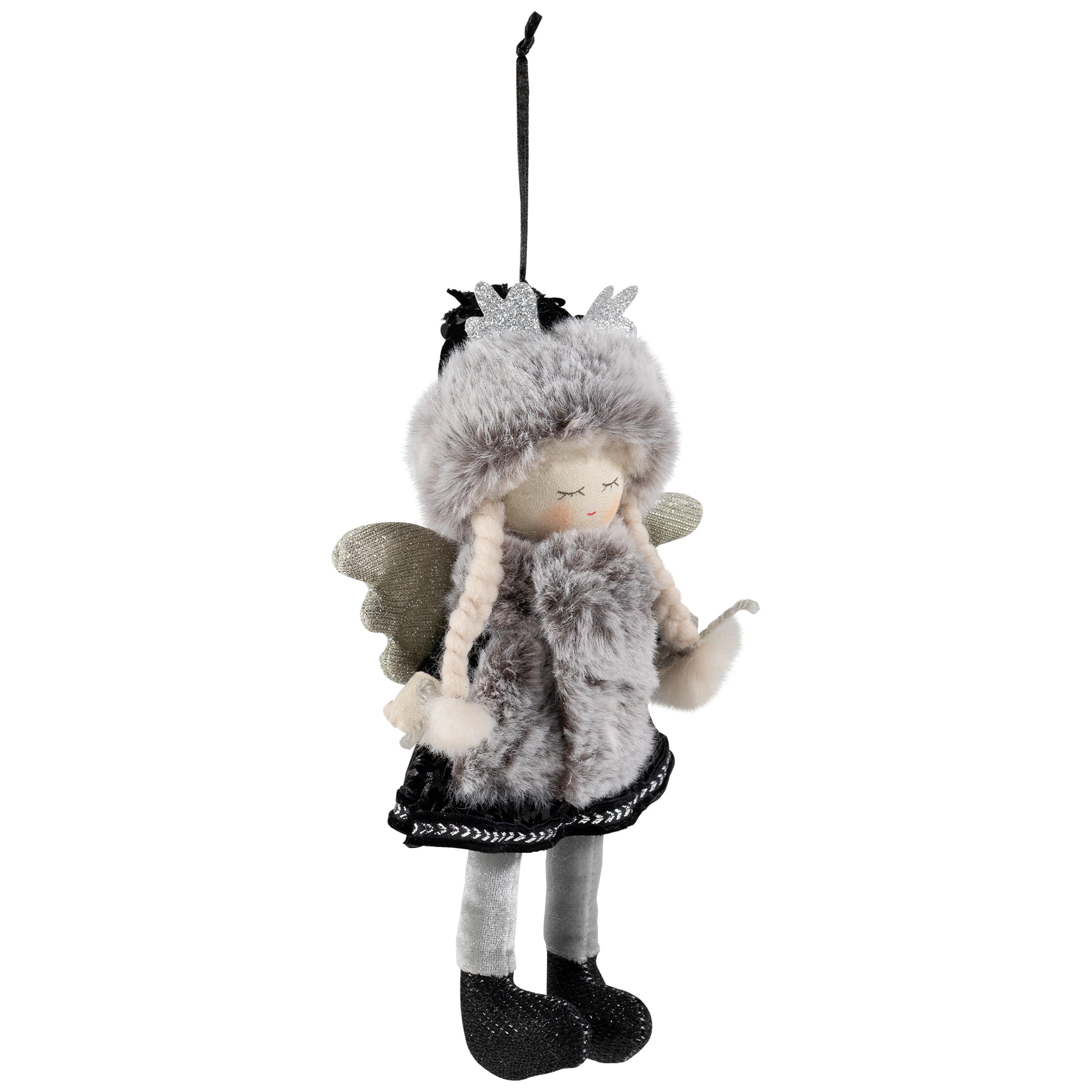 Northlight Plush Winter Angel Girl Hanging Christmas Ornament - 8.5" - Gray and Black