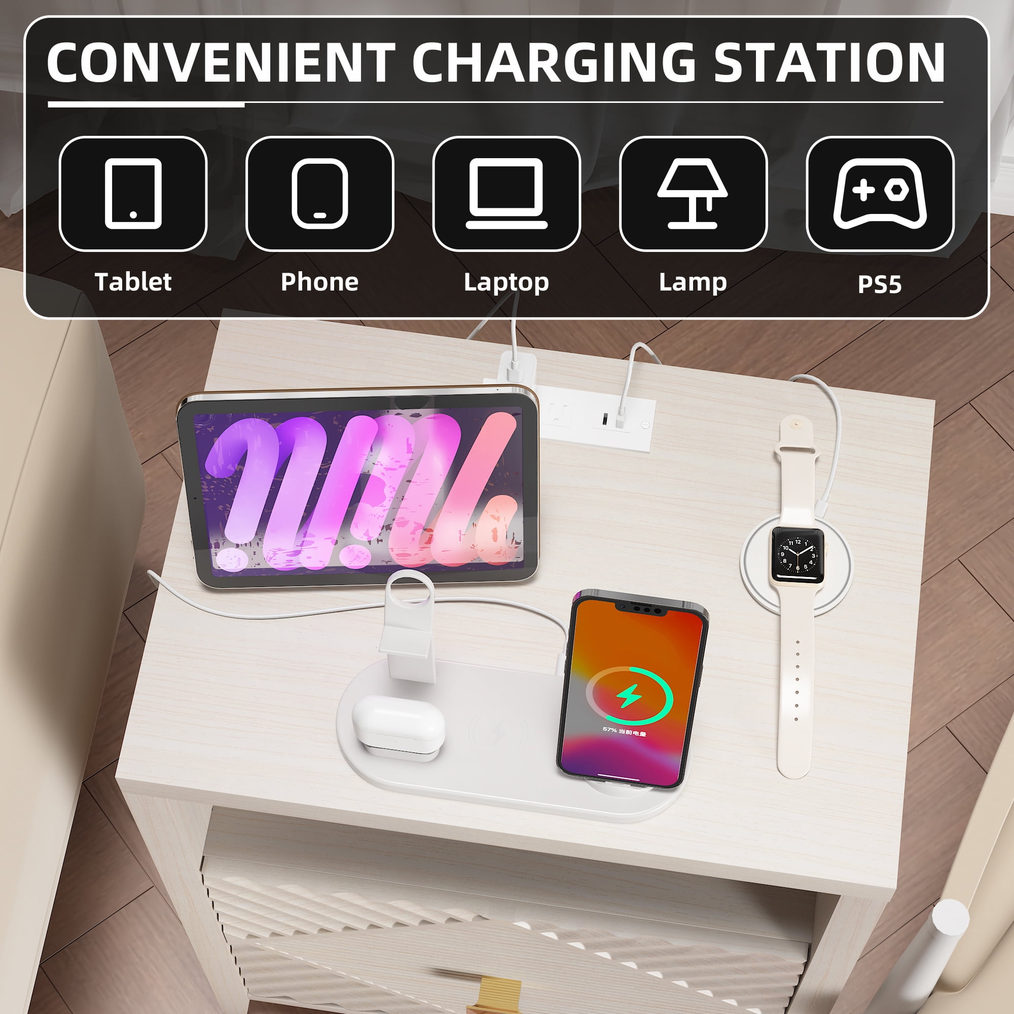 Nightstand with Charging Station 19.68x17.16x25.2 Inch 2 USB 2 Outlets for Bedroom Living Room