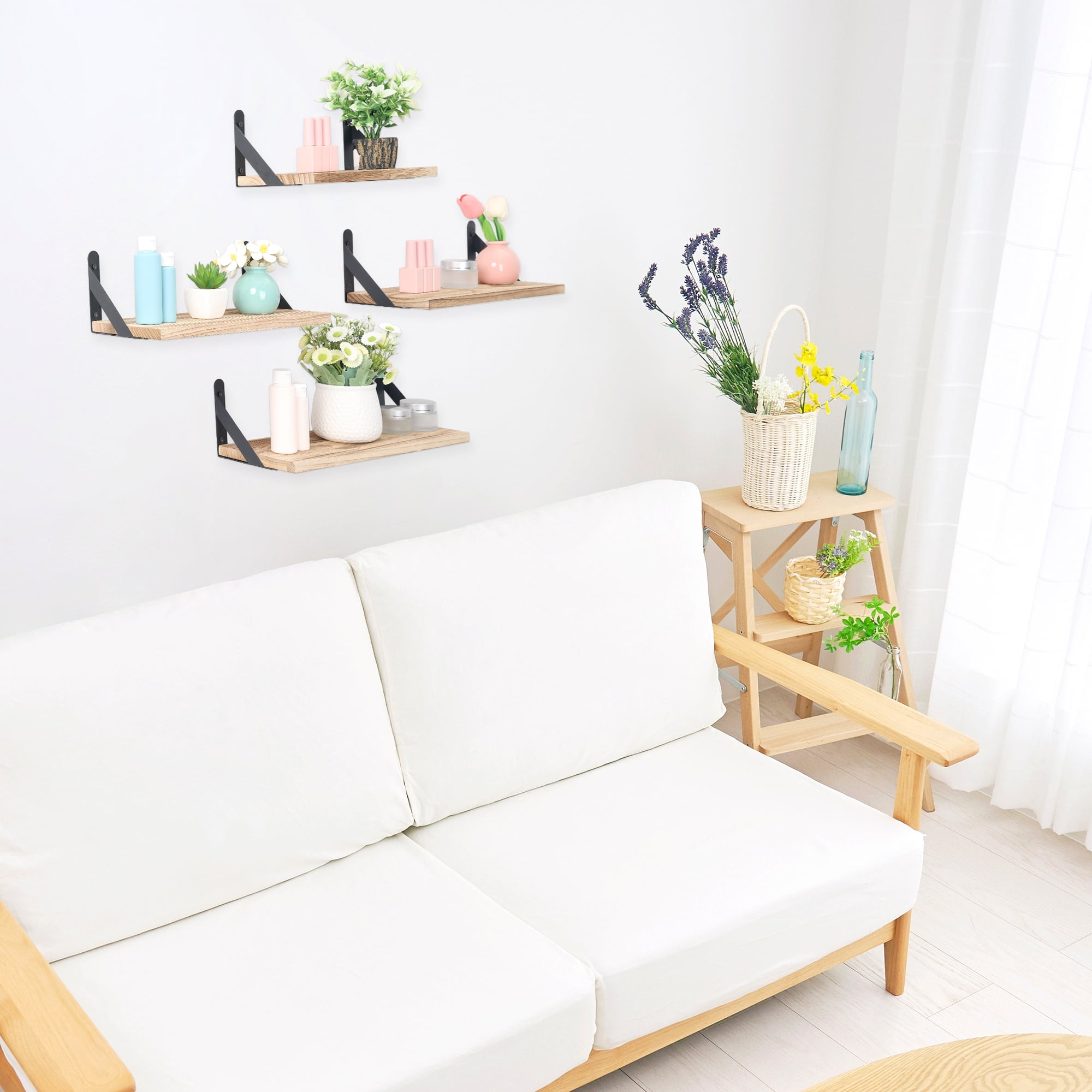 REGALWOVEN 4 Pack Wood Floating Shelves, Wall Mounted Shelves for Bathroom Bedroom Living Room, and Kitchen Brown 16.5*6.1in