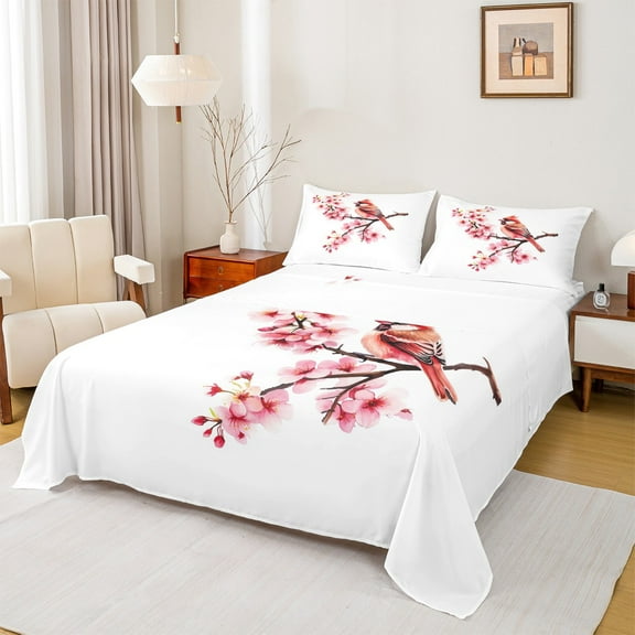 Manfei Cardinal Bird Twin Sheet Sets,Country Cherry Blossom Twin Fitted Sheet,White Pink Red Flat Sheet For Girl Teens,Breathable Home Decor,3-Piece