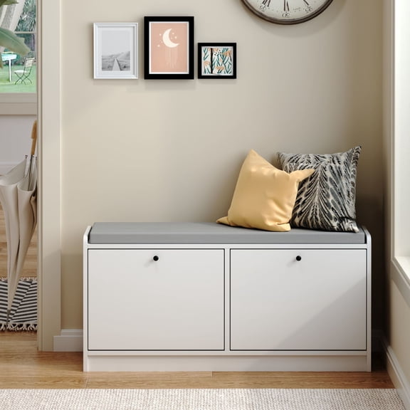 Noble House Tamara 40" Entryway Shoe Storage Bench, Cushioned Wooden Shoe Cabinet with Adjustable Shelves, White