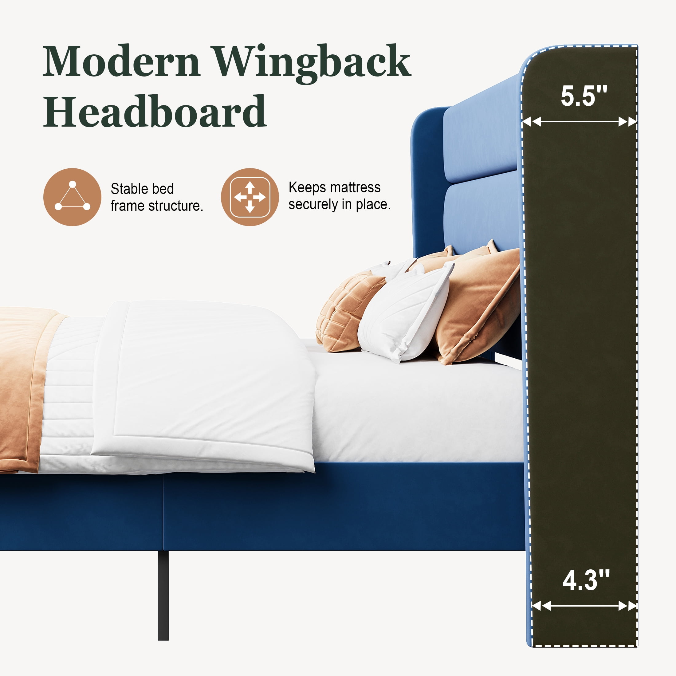 Amolife King Size Platform Bed Frame with Velvet Upholstered Wingback Headboard, No Box Spring Needed, Dark Blue