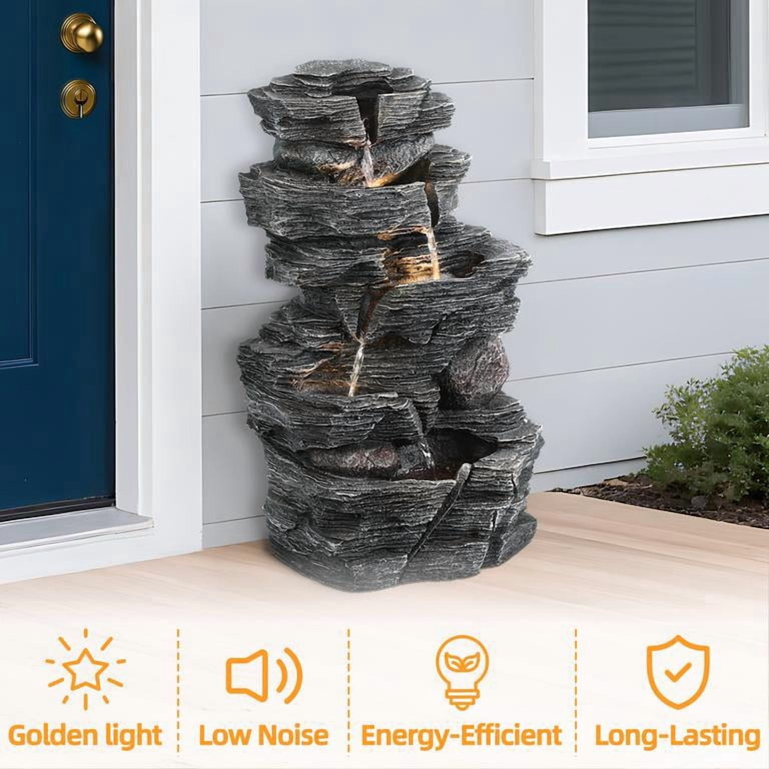 Outdoor Rock Waterfall Fountain, 3-Tier Cascading Fountain with LED Warm Light, Natural Stone Look Resin Fountain for Garden Patio Yard Porch Decor