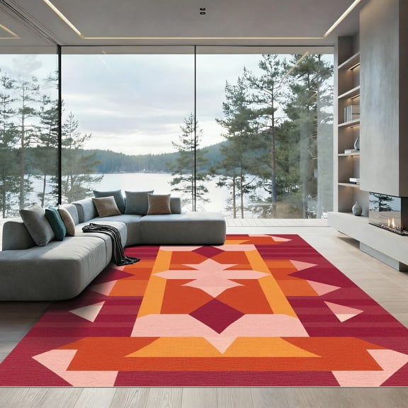 ODIKA 4'x6' Machine Washable Non-Slip Area Rug, Geometric Burgundy High Traffic Rug, Red, 1075853