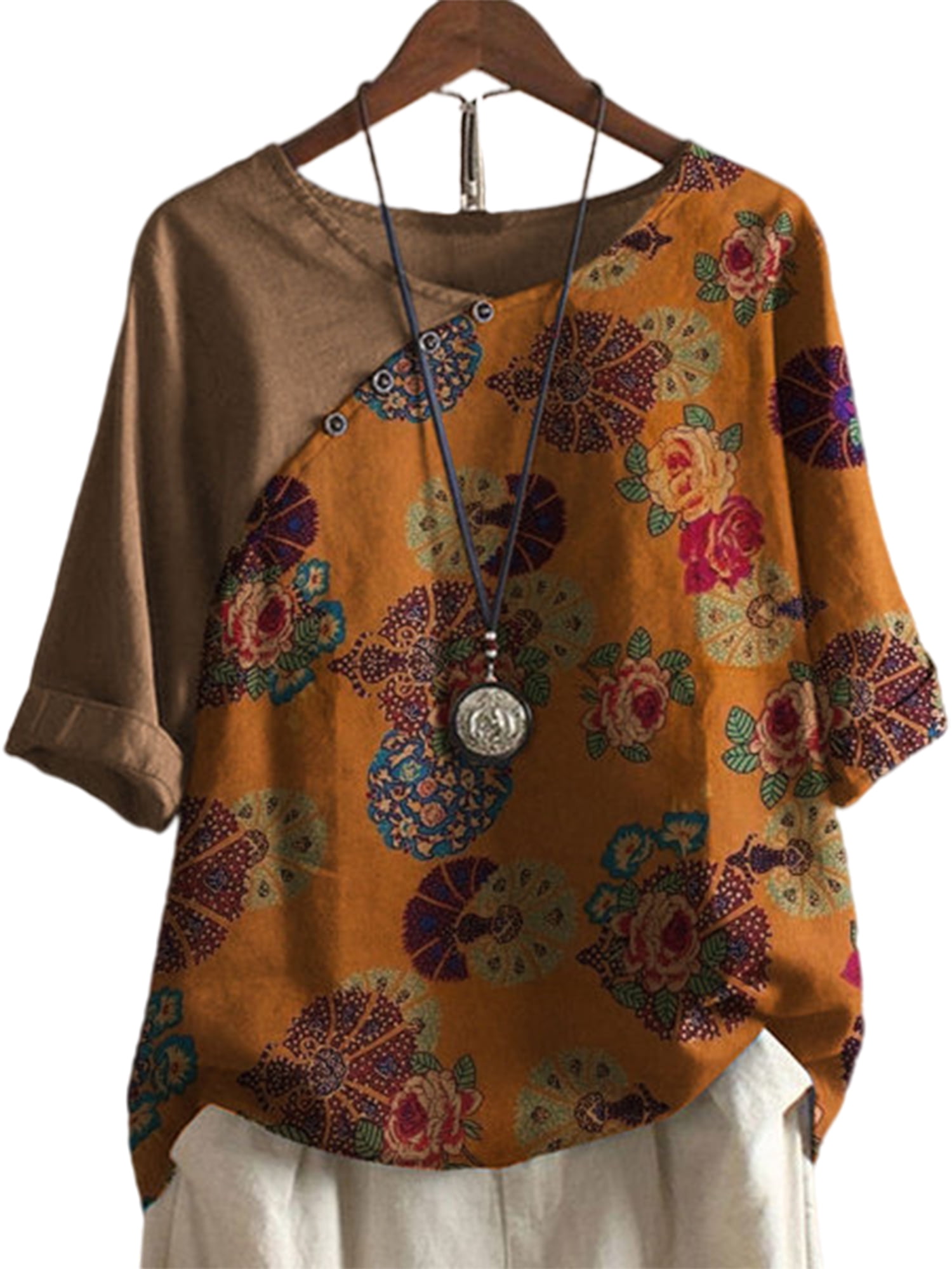 Womens Loose Collar T-Shirt Plus Size Bohemian Floral Embroidered Shirt Short Sleeves Tops Blouse 
