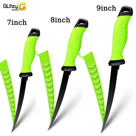 Fillet Knife with Sheath and Self-locking Buckle Stainless Steel Scraping Coating Blade Fishing Knife for Fish Steak and Mutton Chop Easy-Grip Handle