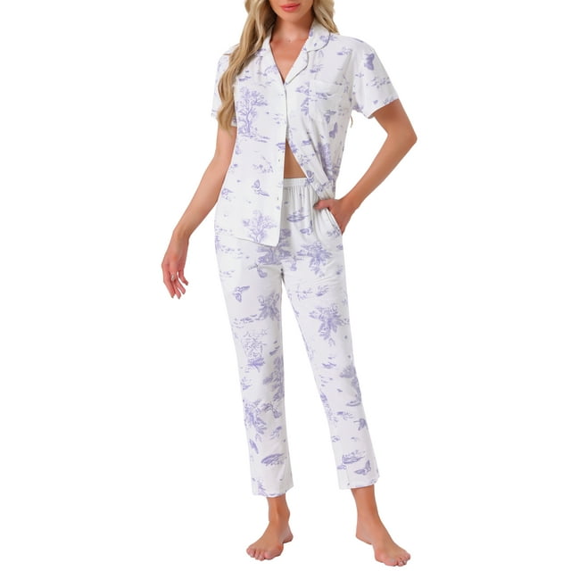 INSPIRAR CHIC Conjunto de Pantalones de Manga Corta con Botones de Tencel con Patrón Floral y Lavado de Tinta, con Bolsillos, Talla XS, Color Púrpura