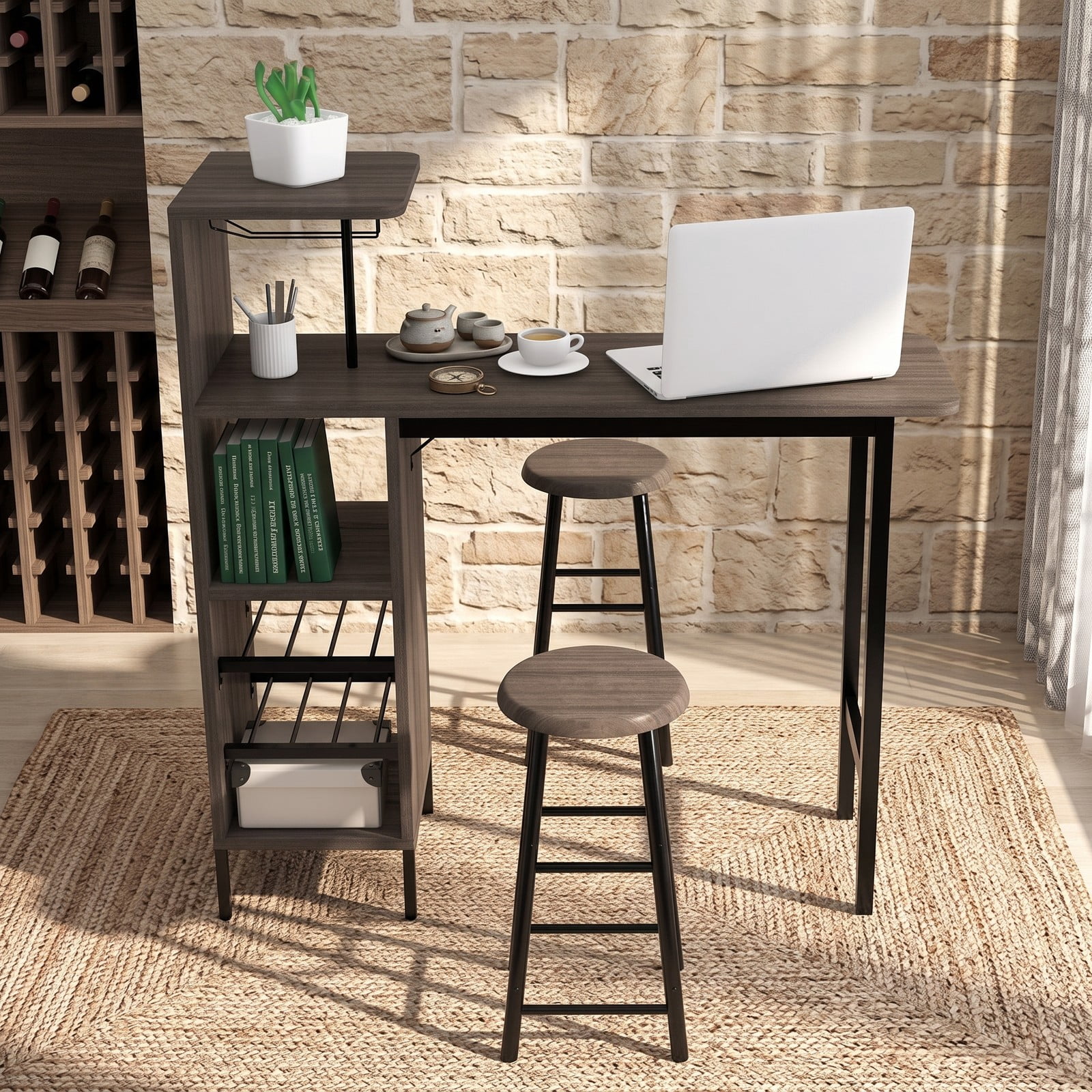 Furnibear 3 Piece Bar Table and Chairs Set with 6-Bottle Wine Rack, Counter Height Pub Dining Table Set with 2 Stools and Storage Shelves for Kitchen Breakfast, Brown