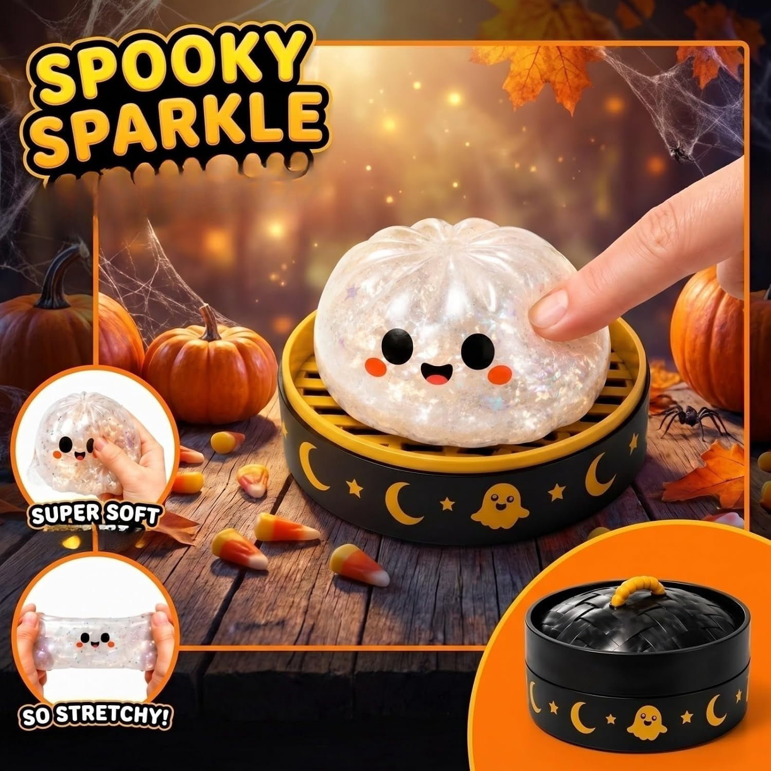 Halloween Pumpkin Dumpling Squishy Toys with Steamer, Spooky Sensory Stress Relief Fidget Toys for Teens and Adults, Novelty Desk Toys & Halloween Party Favor
