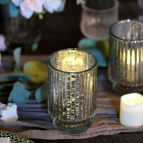 Efavormart 3 Pack | 5" Silver Mercury Glass Speckled Votive Candle Holder Vase, Hurricane Candle Holder with Wavy Column Design