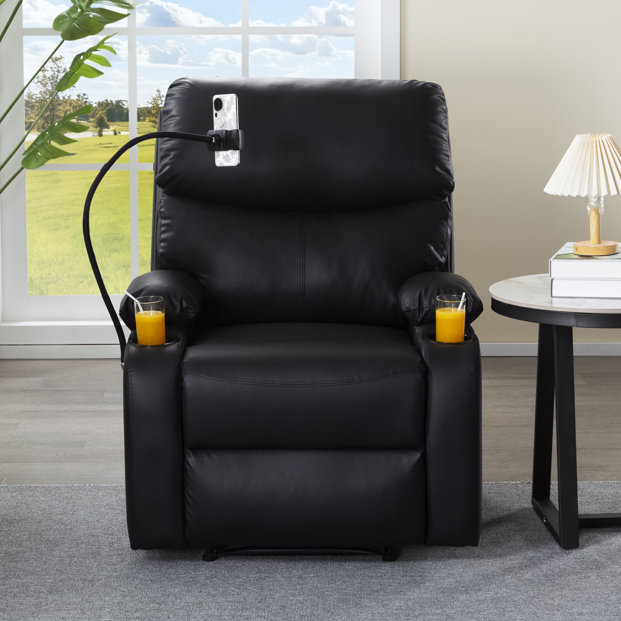 Gewnee Manual Reclining Chair,PU Leather Modern Overstuffed Recliner with Cup Holders & Phone Holder,Single Sofa for Living Room and Bedroom.