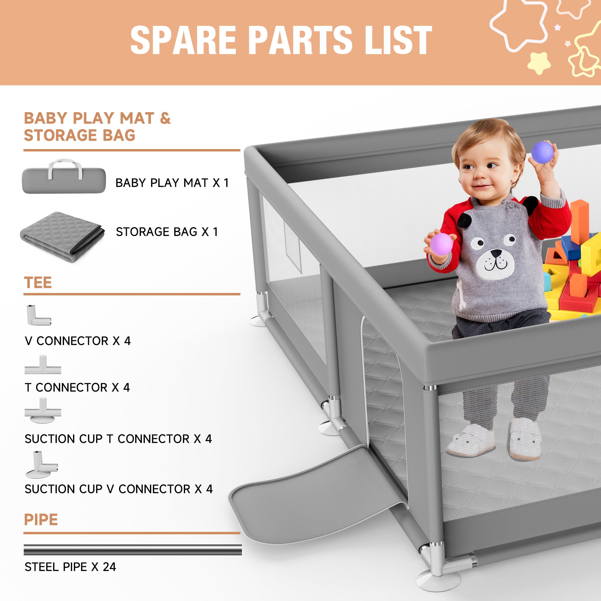 Babyeap Baby Playpen With Mat, Large Play Yard Fence for Toddlers, 50"x50" Gray