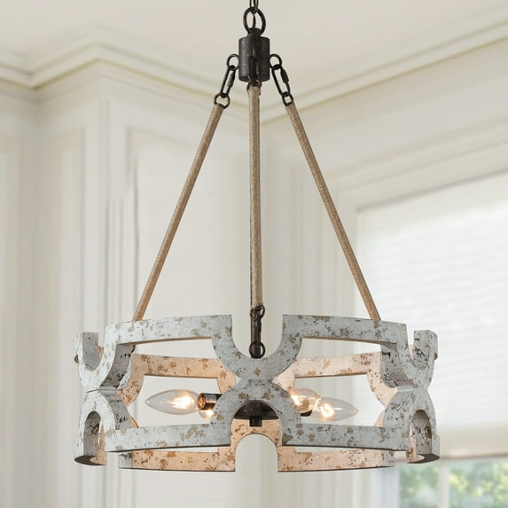 TOMIYA Wood Dining Room Light Fixture Drum Rustic Farmhouse Chandelier, 4 Light Pendant Light