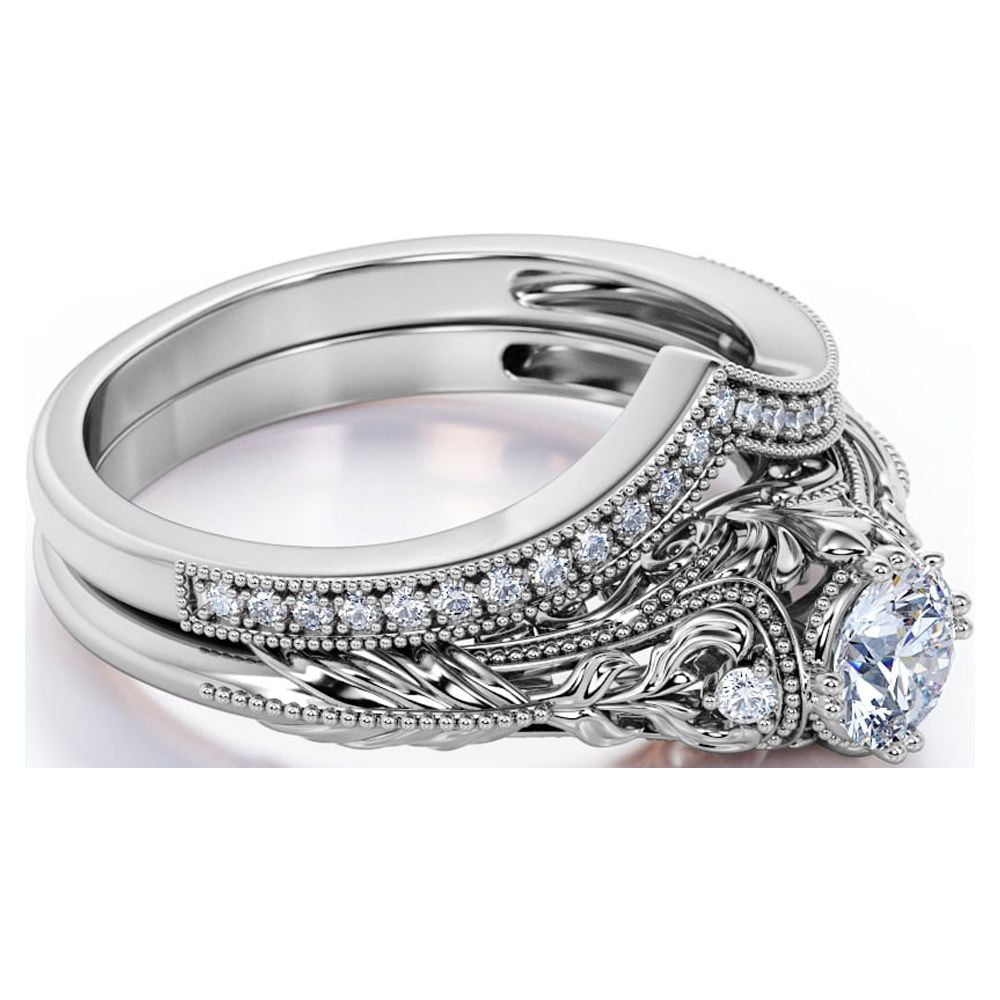 JeenMata Engraved 0.75 Carat Round Cut Lab Grown Diamond Victorian-Inspired Wedding Ring Set with Chevron Wedding Band in 10k White Gold