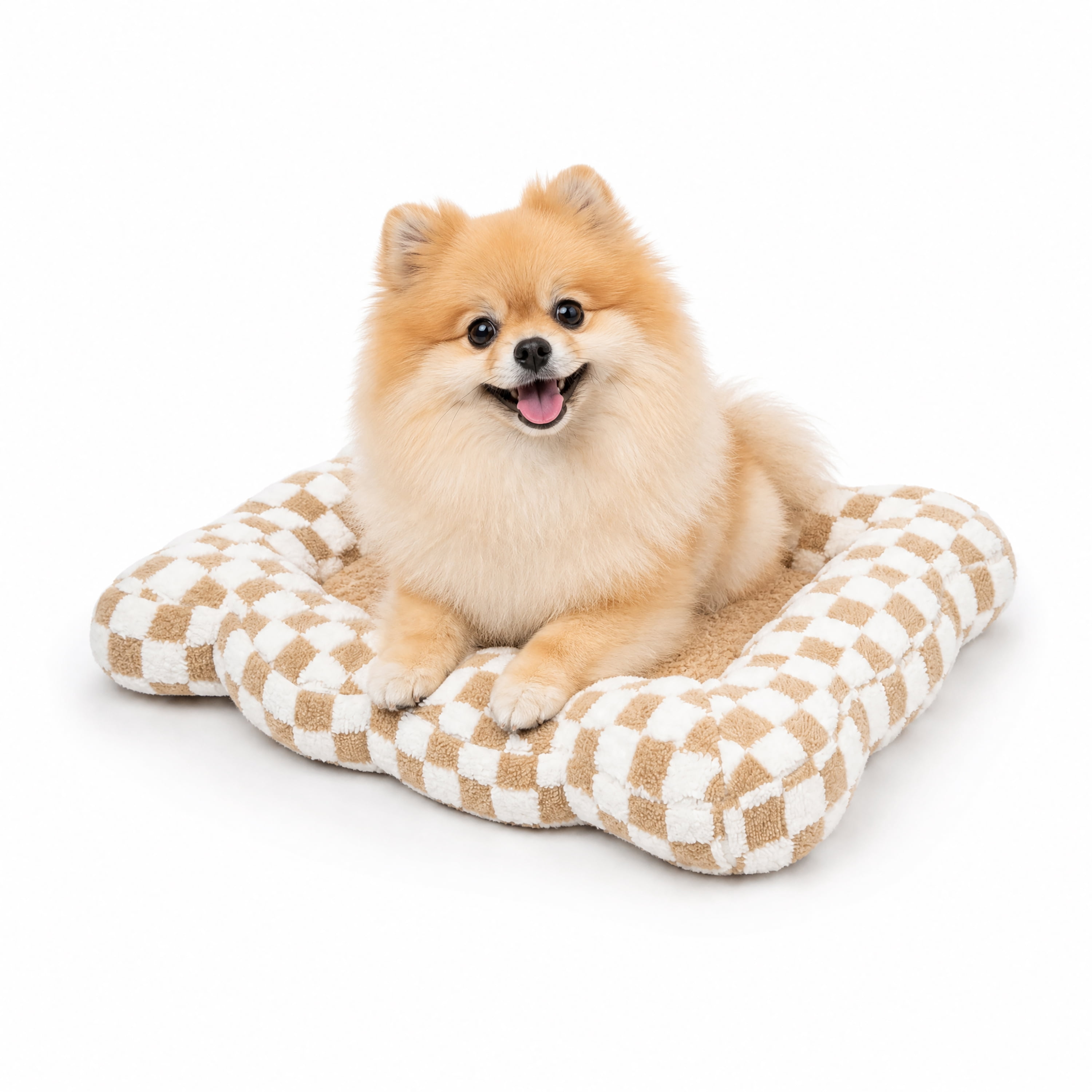 Oodles Checkered Sherpa Cloud Pet Bed, Tan, Small 24" L x 17.5" W