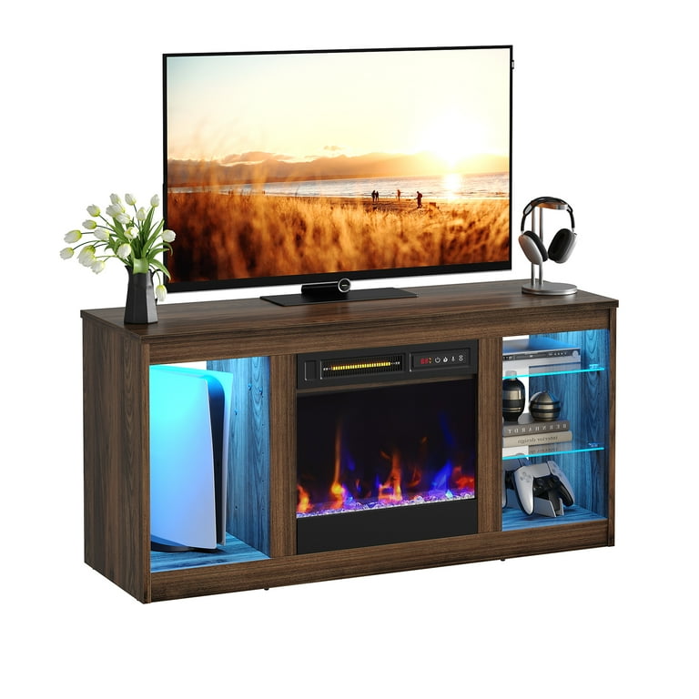 Bestier Modern Electric Fireplace TV Stand for TVs up to 55", with LED and glass shelves, Black Marble
