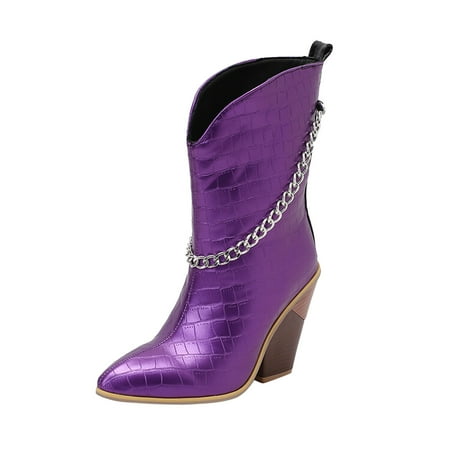 YHGFVOKJ Boots for Women Fashion Leather Metal Elastic Chain Decoration Pointed Toe Non Slip Thick High Heel Short Boots Shoes Ankle Boots for Women Purple 42