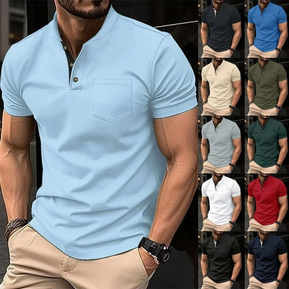 BiZtdJrK Henley Shirts for Men Short Sleeve Solid Polos Shirt with Pocket Summer Loose Casual Golf Tshirts Army Green XXXL