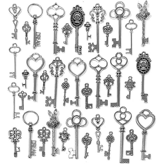 U8MO 40 Skeleton Key Pendants Antiqued Silver Assorted Steampunk Charms Wedding Keys
