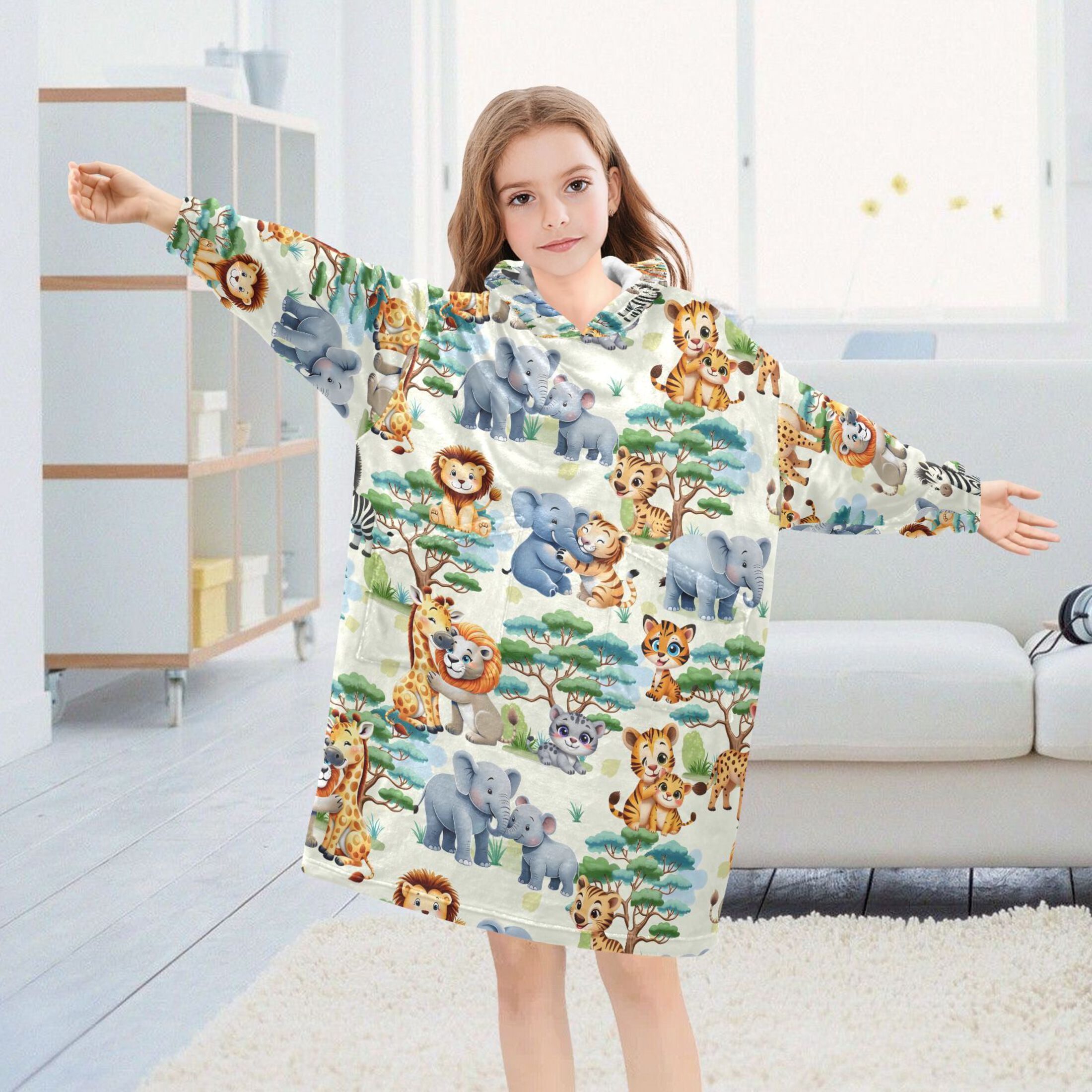 joogoo Wearable Blanket Jungle Animals Lions Elephants Hoodie for Oversized Sherpa Hooded 3-14 YR M