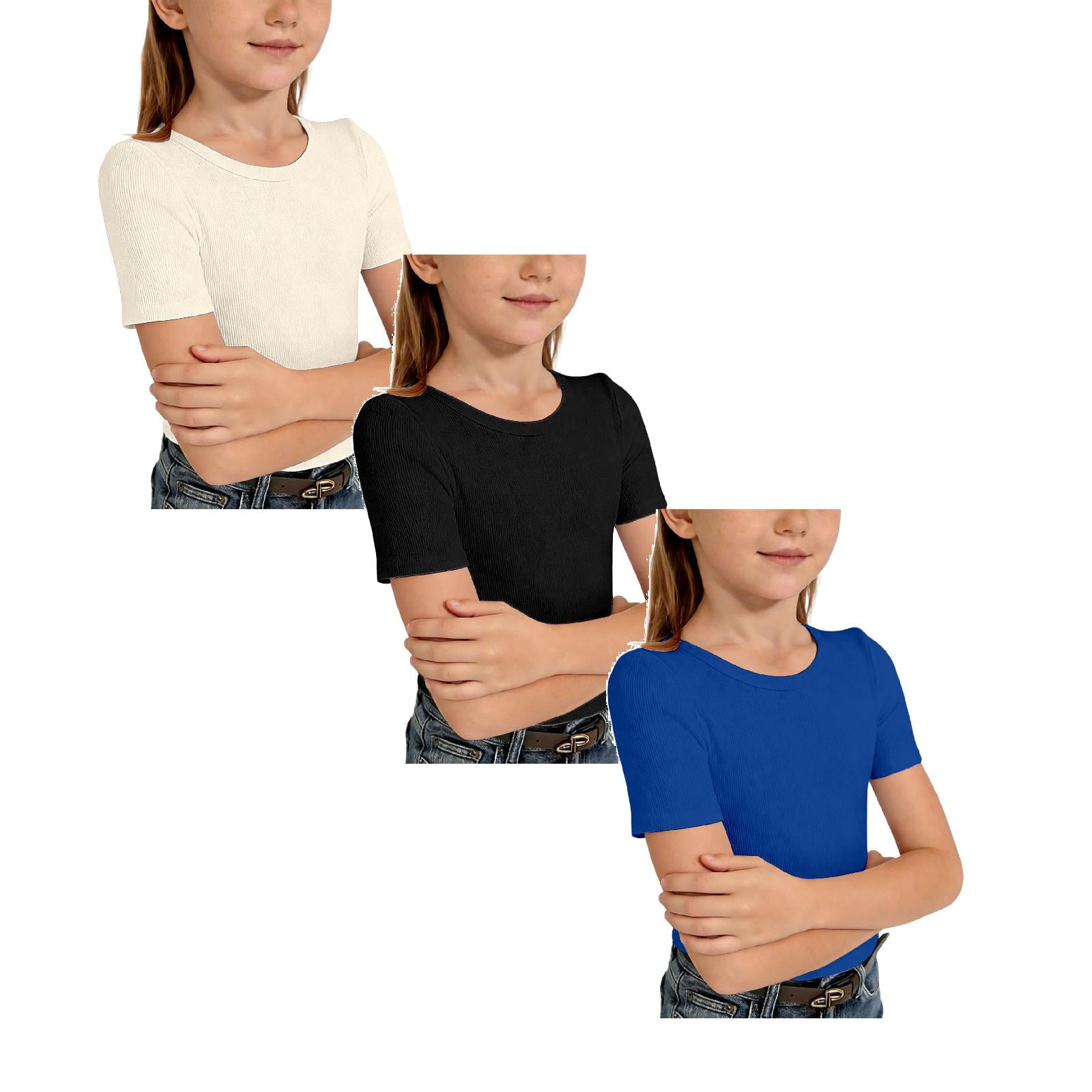 SGMVNU 3 Pack Girls Summer Ribbed T Shirts Casual Fitted Short Sleeve Crew Neck Solid Color Tops Cute Clothes for Kids Size 13-14 Years