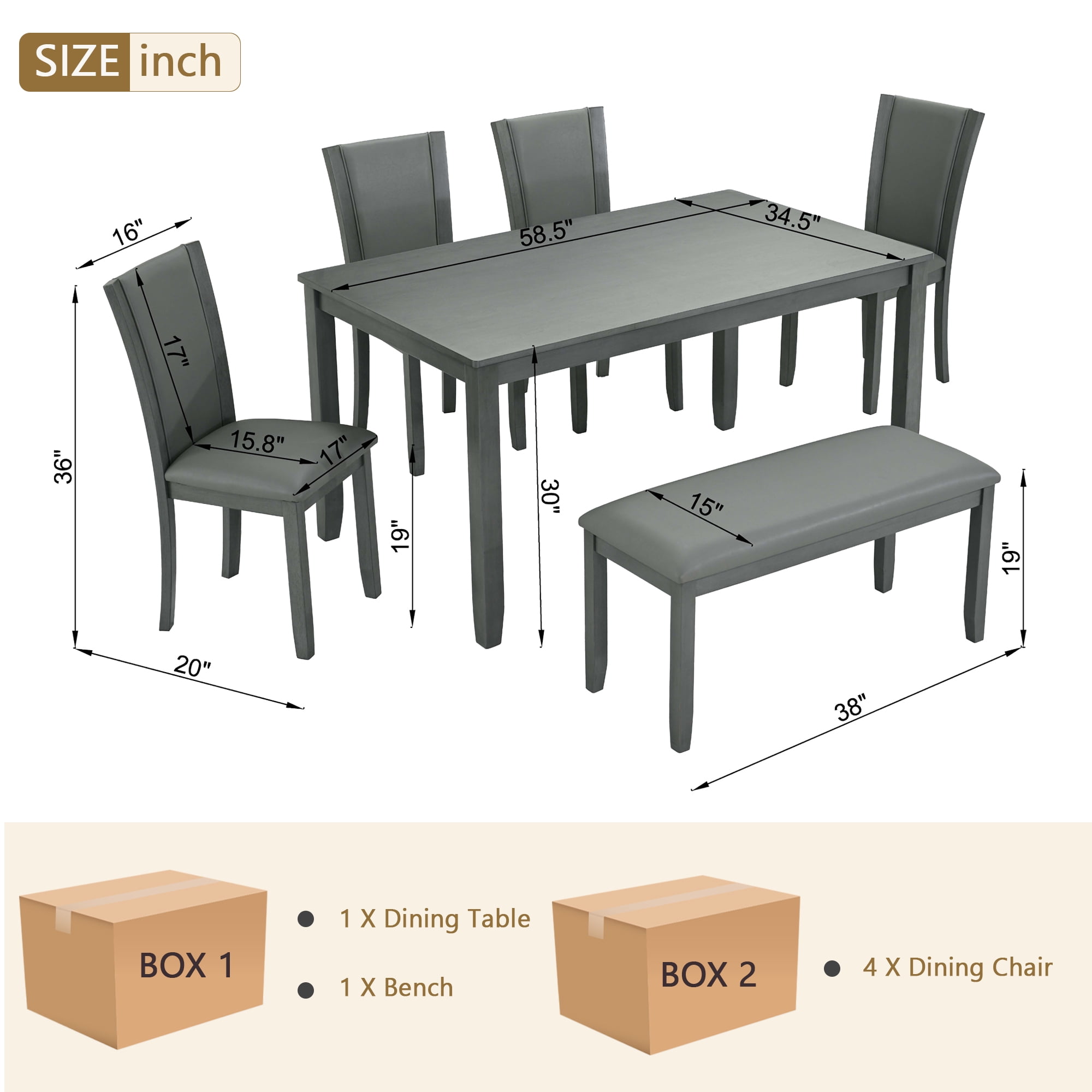 Aukfa 6 Pcs Farmhouse Extendable Dining Table Set,Rubberwood Kitchen Table with Bench & 4 Chairsfor Dining Room,Gray