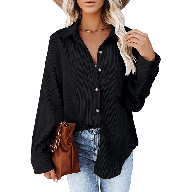Camisas de pana con botones para mujer, blusas de manga larga estilo boyfriend, de gran tamaño, chaquetas informales con cuello$Camisas de pana para mujer, camisa de manga larga con