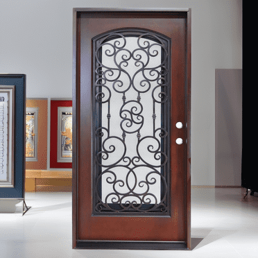 36" x 80" Environment Damage Resistant Polyurethane Composite Exterior Entry House Front Door, Openable Tempered Rain Glass Window, Left-Hand Single Door Inward Swing Dark Walnut FRR02