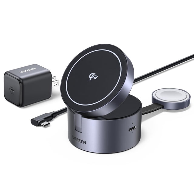 Cargador Inalámbrico Rápido UGREEN MagFlow Negro Plegable para iPhone y AirPods
