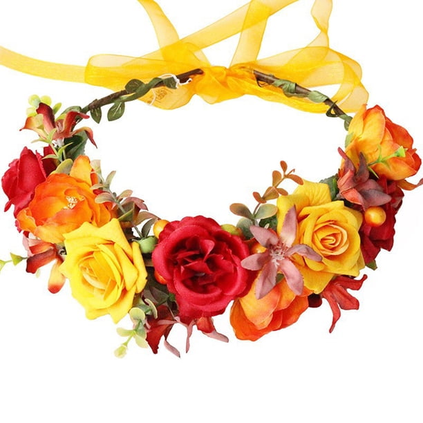 Guirnalda de flores de rosas rojas y doradas, cinta de hojas de arce, diadema para bodas, cumpleaños, Navidad, Halloween, disfraces.