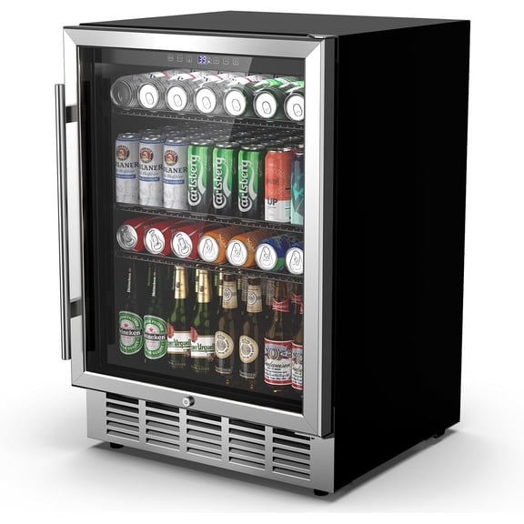 24 Inch Beverage Refrigerator & Cooler Under Counter with Safty Lock, Outdoor Patio Fridge for Drinks, Soda, Beer, Wine, 37～65°F Adjustable Temperature & Memory, Built-in/Freestanding