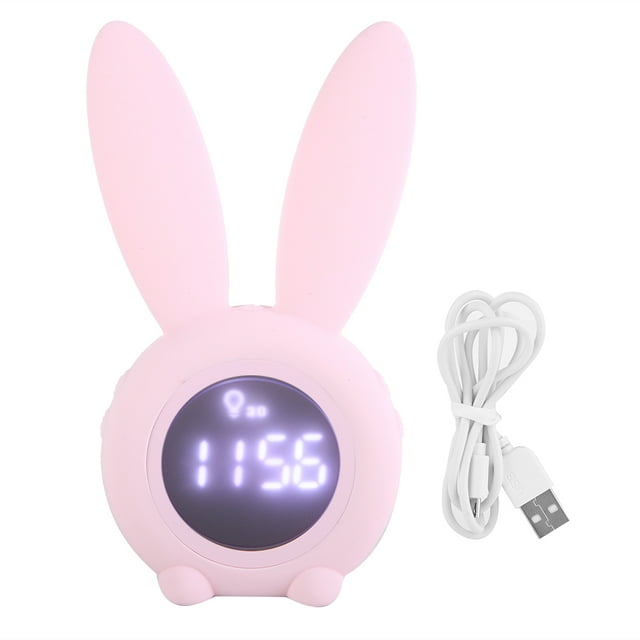 Reloj de mesa multifuncional con diseño de conejo de dibujos animados, pantalla LED, temporizador, alarma y temperatura (rosa)