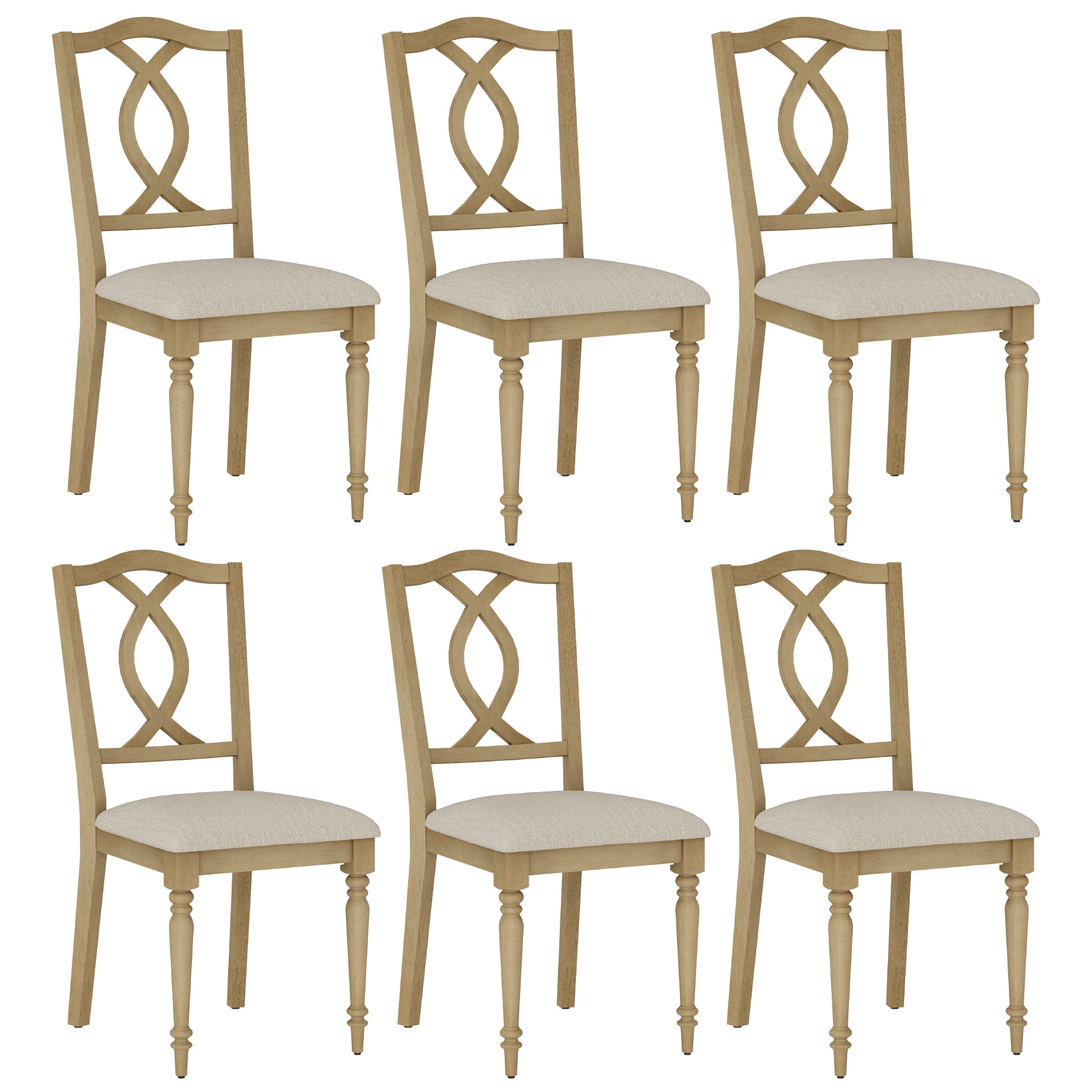 Set of 6 Dining Chairs with Cross-Back & Upholstered Seat, Farmhouse Kitchen Chair with Solid Wood Legs for Dining Room, Oak