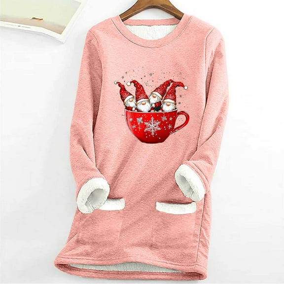 Uootdi Plus Size Christmas Sherpa Gift Lined Long Sleeve Sweatshirts for Women Crew Neck Christmas Ptrint Shirts Warm Fleece Top s