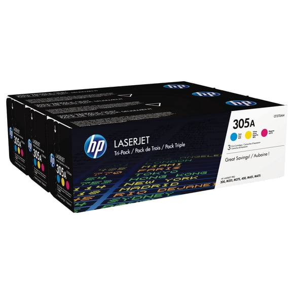 HP 305A (CF370AM) Cyan, Magenta & Yellow Original Toner, 3 Cartridges