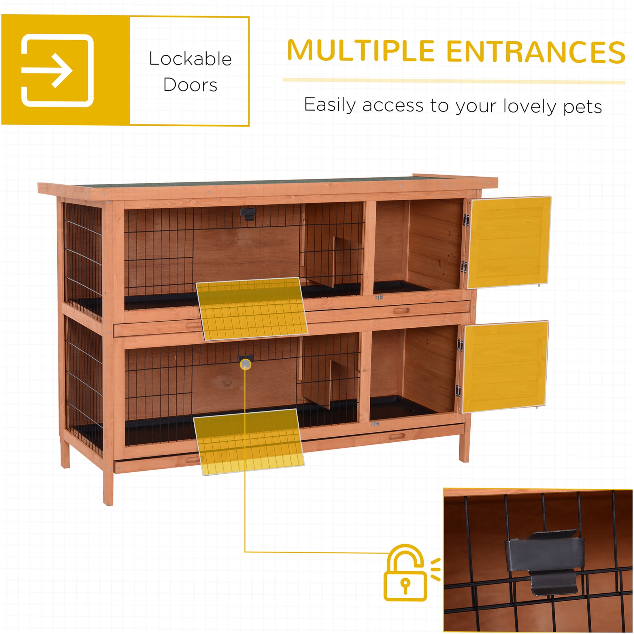 JERFIT 2-Tier Wooden Rabbit Hutch with Outdoor Run, Pull-Out Tray & Waterproof Asphalt Roof, Small Animal Cage House for Rabbits, Guinea Pigs, Bunnies