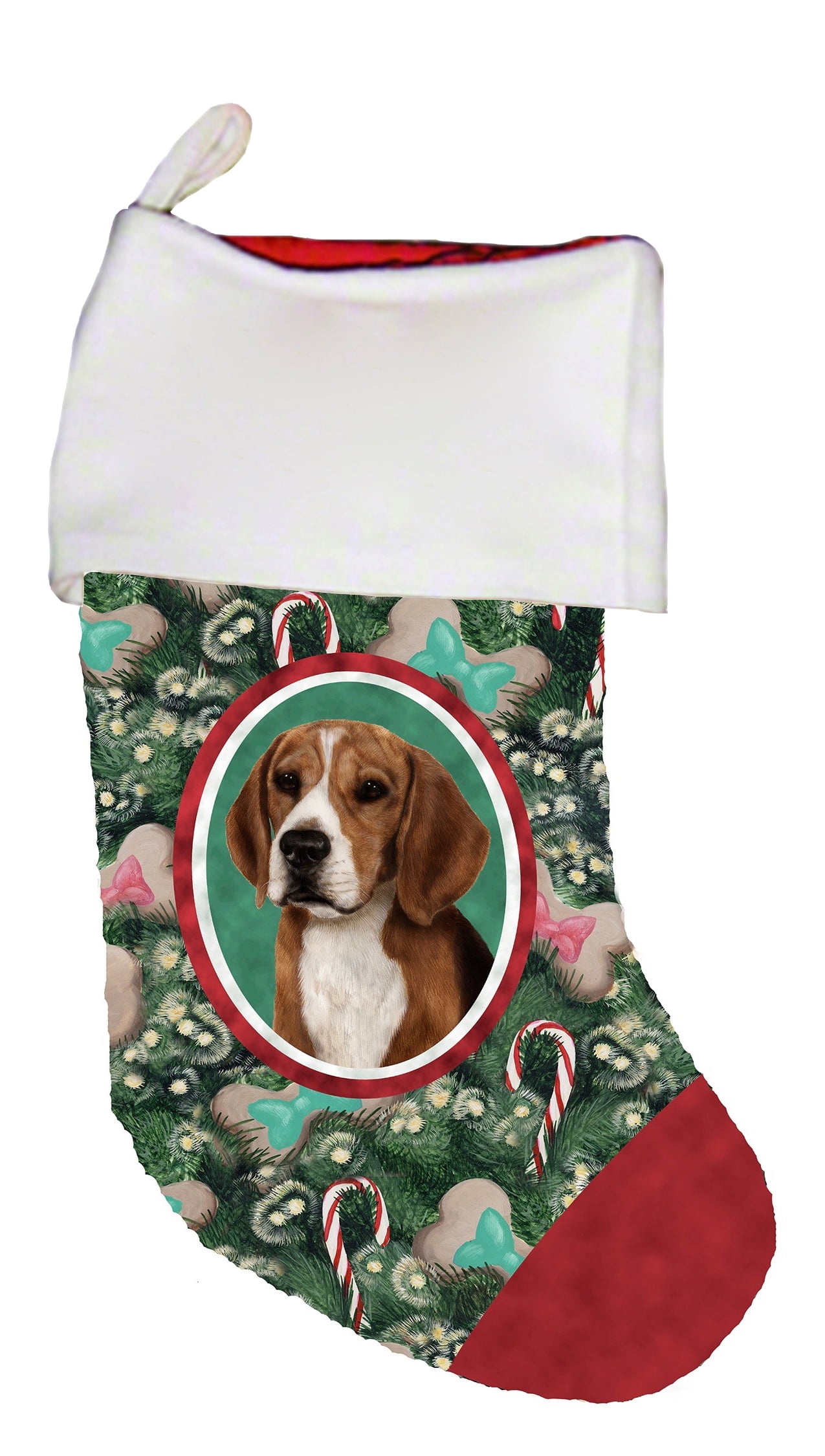 Hound Dog Beagle w/Plaid Bow & Fuzzy Hat Christmas Stocking-Felt 