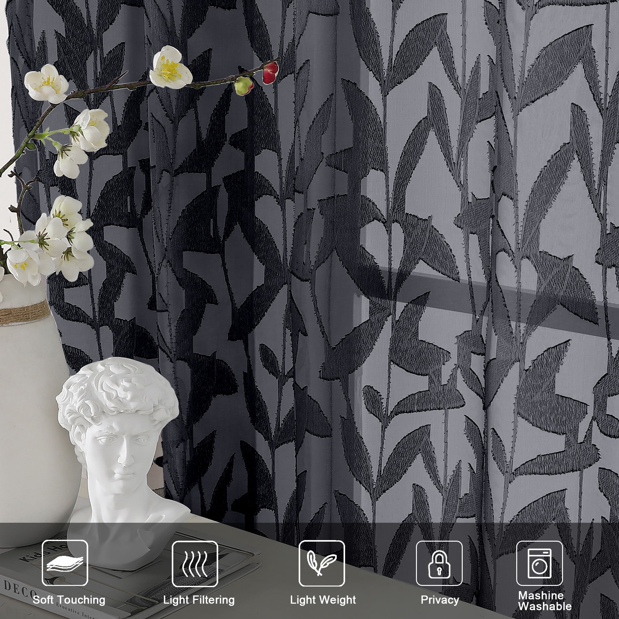 OVZME Leila Black Sheer Kitchen Curtains 36 Inches Long 2 Panels Set, Light Filtering Jacquard Sheer Tiers, Small Windows Curtains with Dual Rod Pocket, 40W x 36L Inch, Black