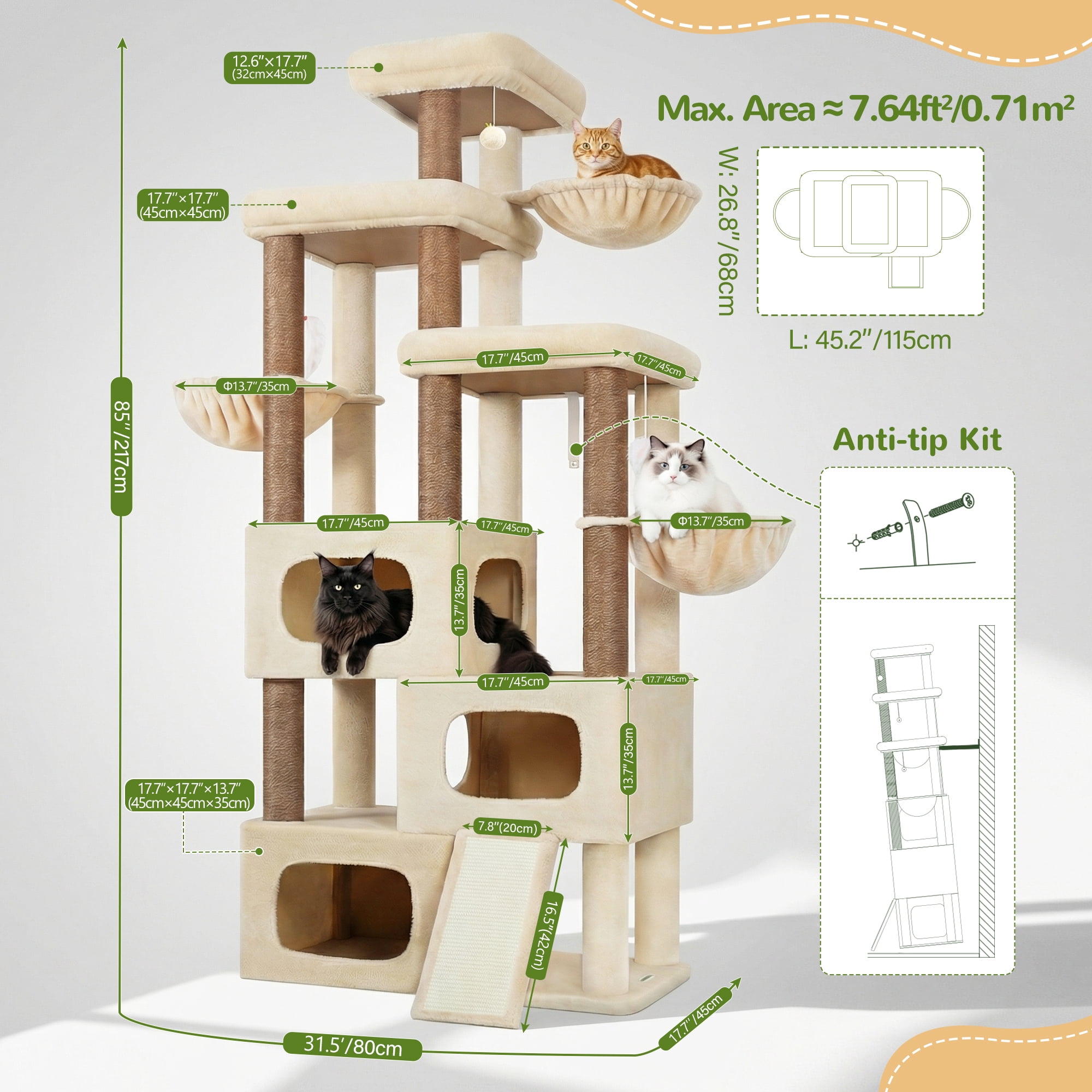 Globlazer Big Cat Tree Tower，85in Multi-Level Tall Cat Tree Tower Indoor for Multiple Adult Cats with Scratching Post, 3 Perches, 3 Condos, 2 Hanging Basket, S85,Beige