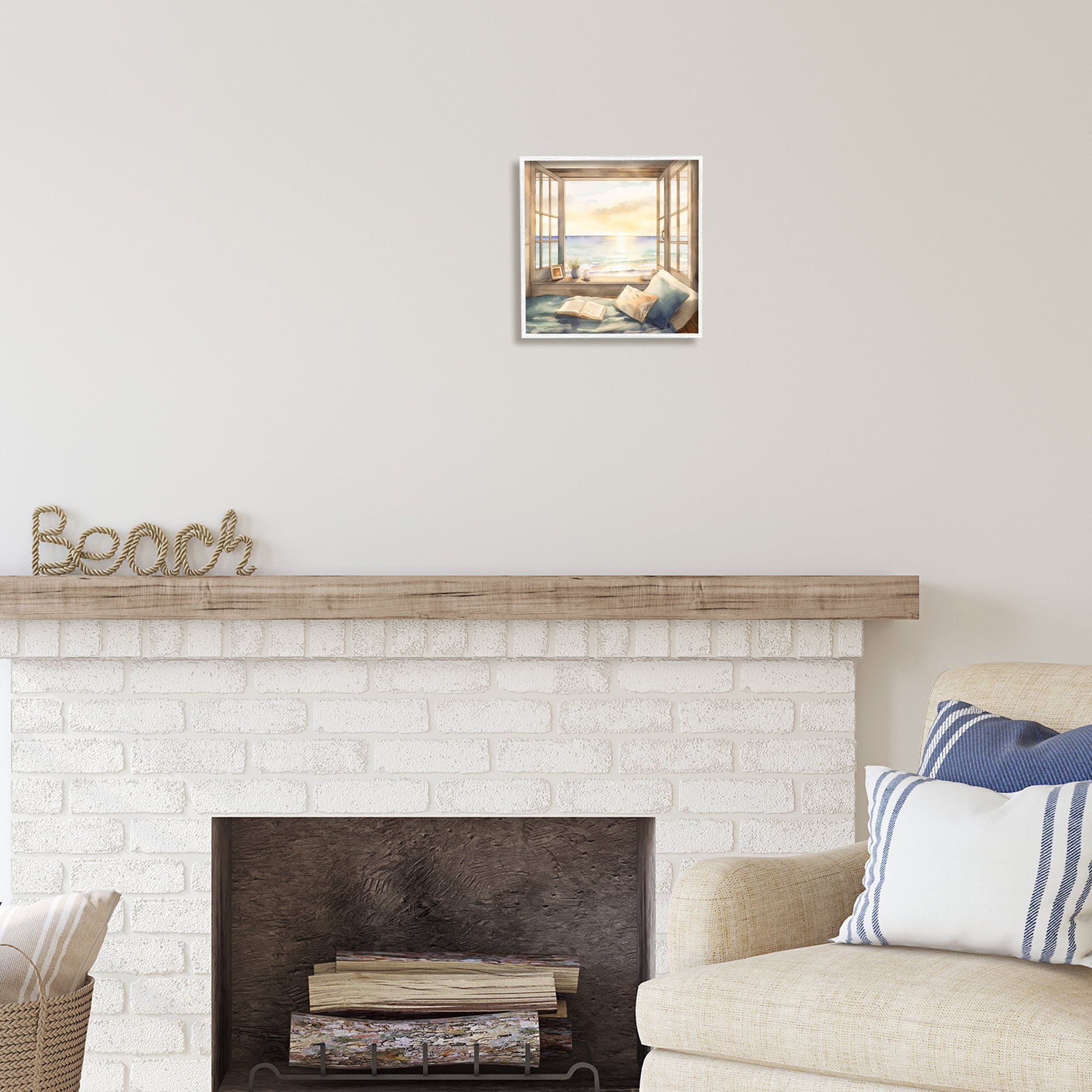 Stupell Industries Beach Window View Landscape Painting White Framed Art Print Wall Art, 12 x 12