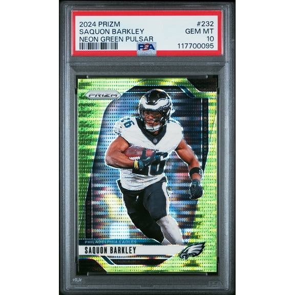Saquon Barkley 2024 Panini Prizm Neon Green Pulsar Football Card #232 Graded PSA 10 Cert # 117700095