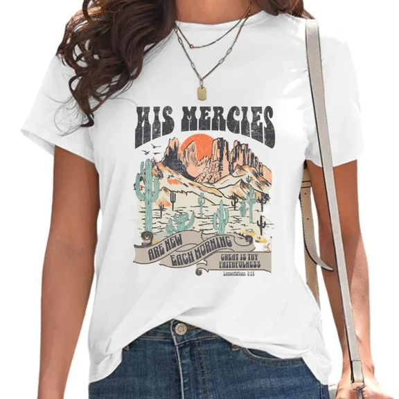 UNISHE Women's Vintage Mountain Desert Faith Graphic Tee Casual Summer Tops for Daily Outfit White, S