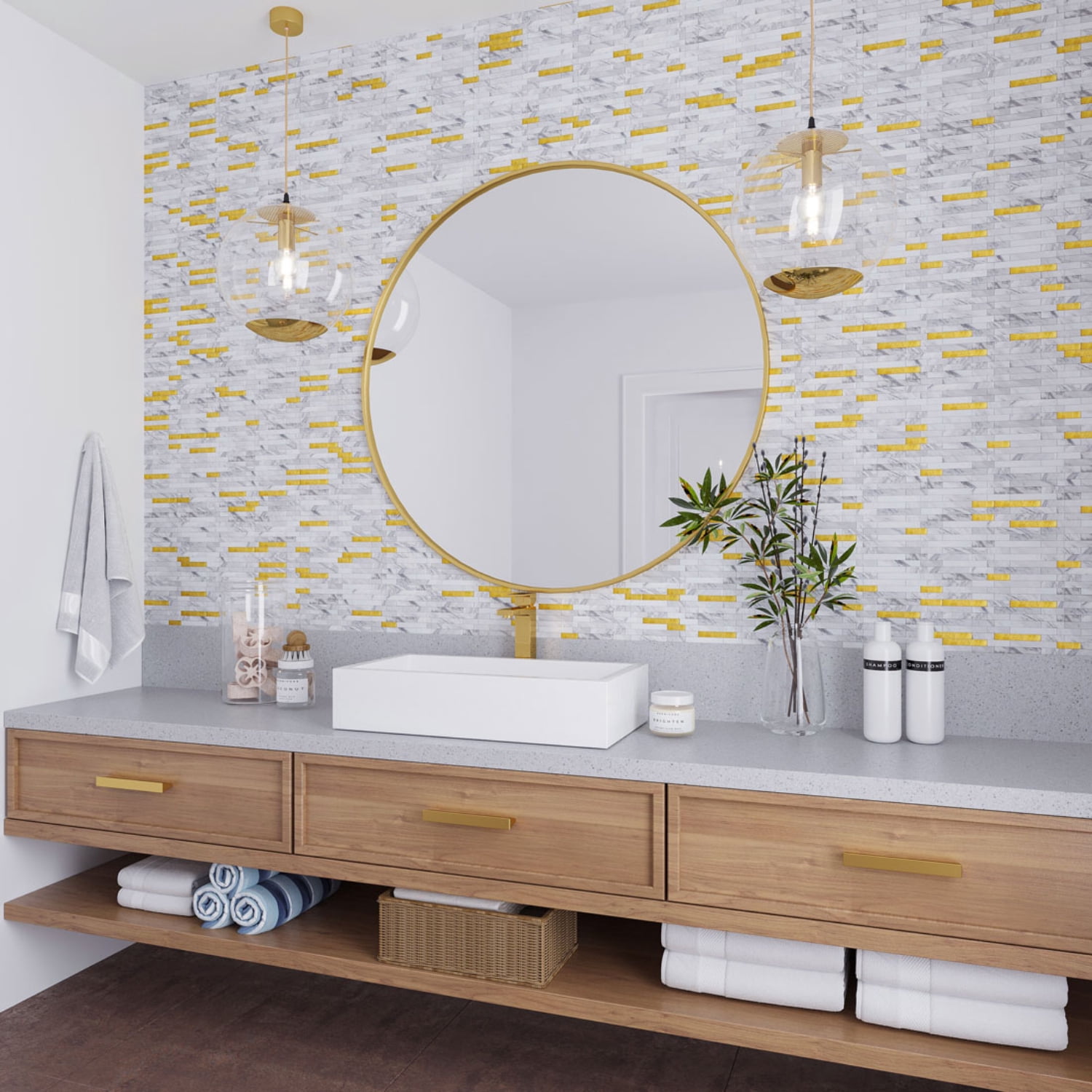 10 pack Stack White and Gold 11.8 in.x10.23 in. Metal Peel and Stick Backsplash Tile for Kitchen and Bathroom (9.26 sq ft/ Case)