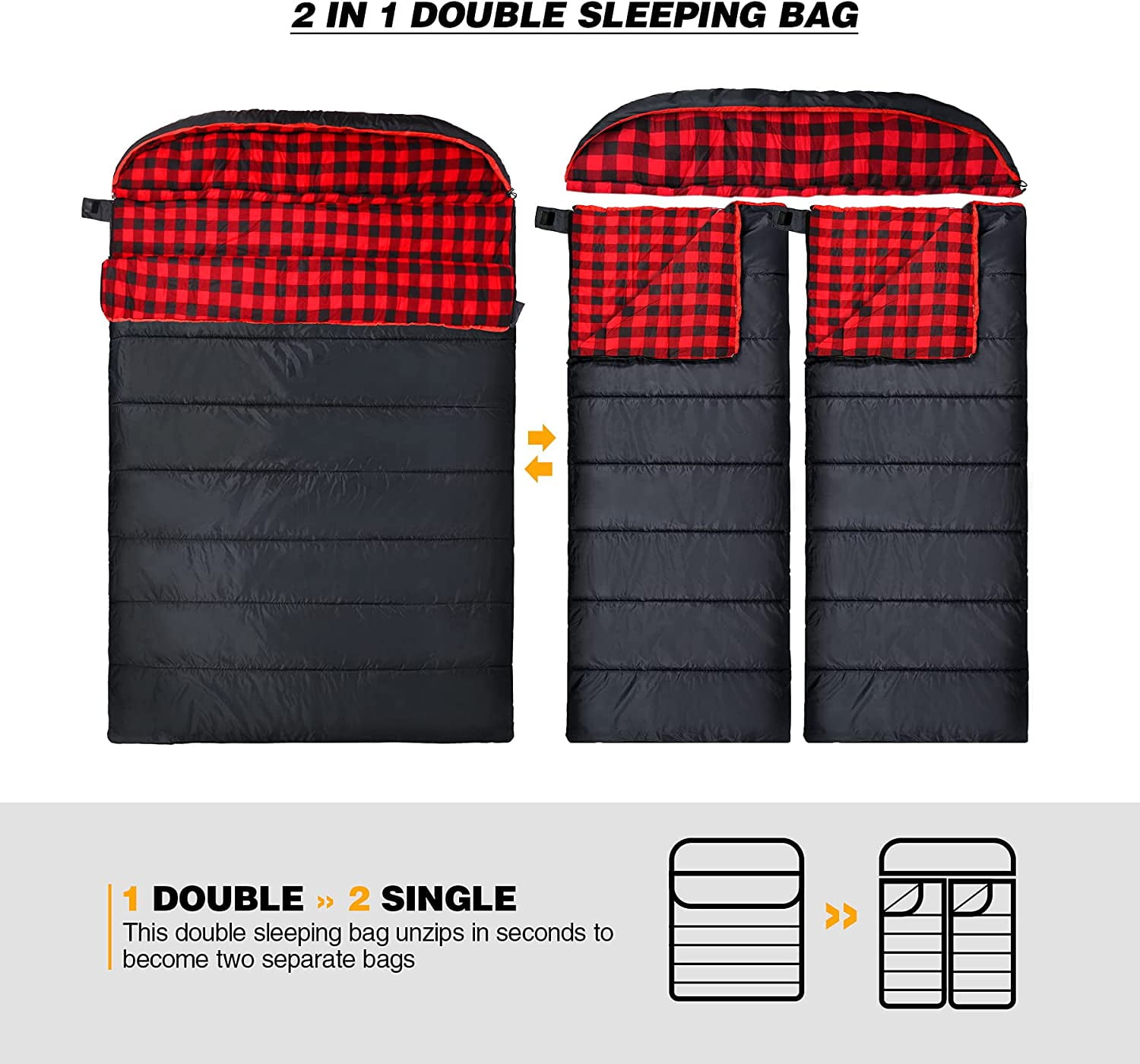 REDCAMP Cotton Double Sleeping Bag for Adults, 2 Person Cold Weather Queen Size Flannel Sleeping Bags for Camping, Black/Navy Blue