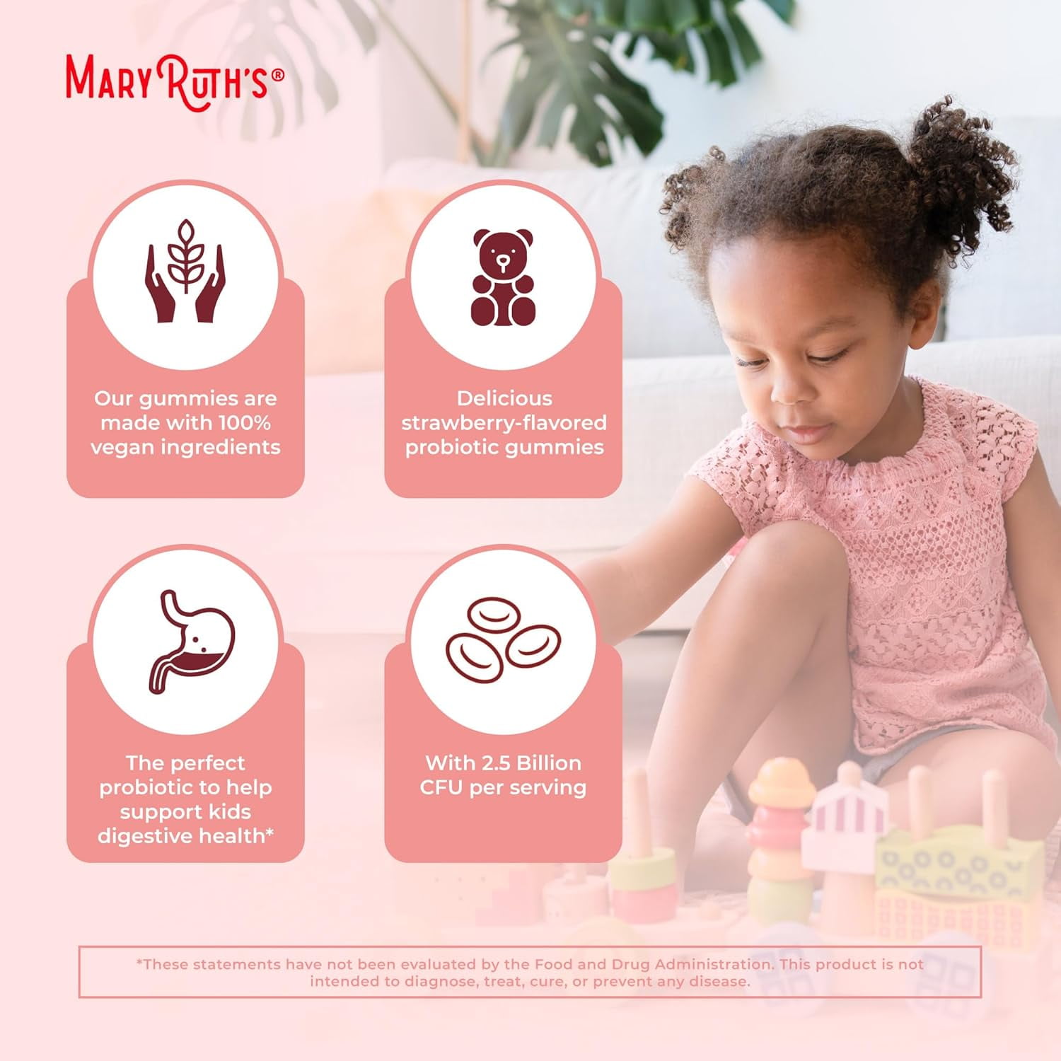 MaryRuth's Kids Probiotic Gummies USDA Organic Strawberry Flavor Vegan Dairy-Free Gluten-Free 60 Count
