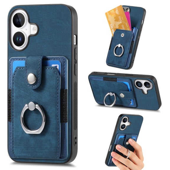 Compatible with iPhone 16 Plus Case Wallet with Card Holder, 360°Rotation Finger Ring Holder Kickstand Protective Premium PU Leather Back Flip Magnetic Clasp Shockproof Cover,Blue