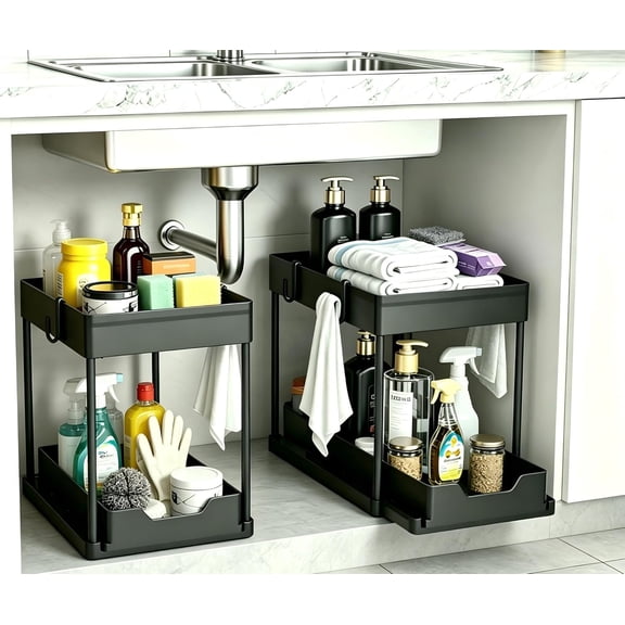 Carestrong Multi-Purpose Pull-Out Storage Organizers, Under Sink/Cabinet Organizers and Storage for Bathroom & Kitchen, Black, 12.8 Inches, 2 Packs