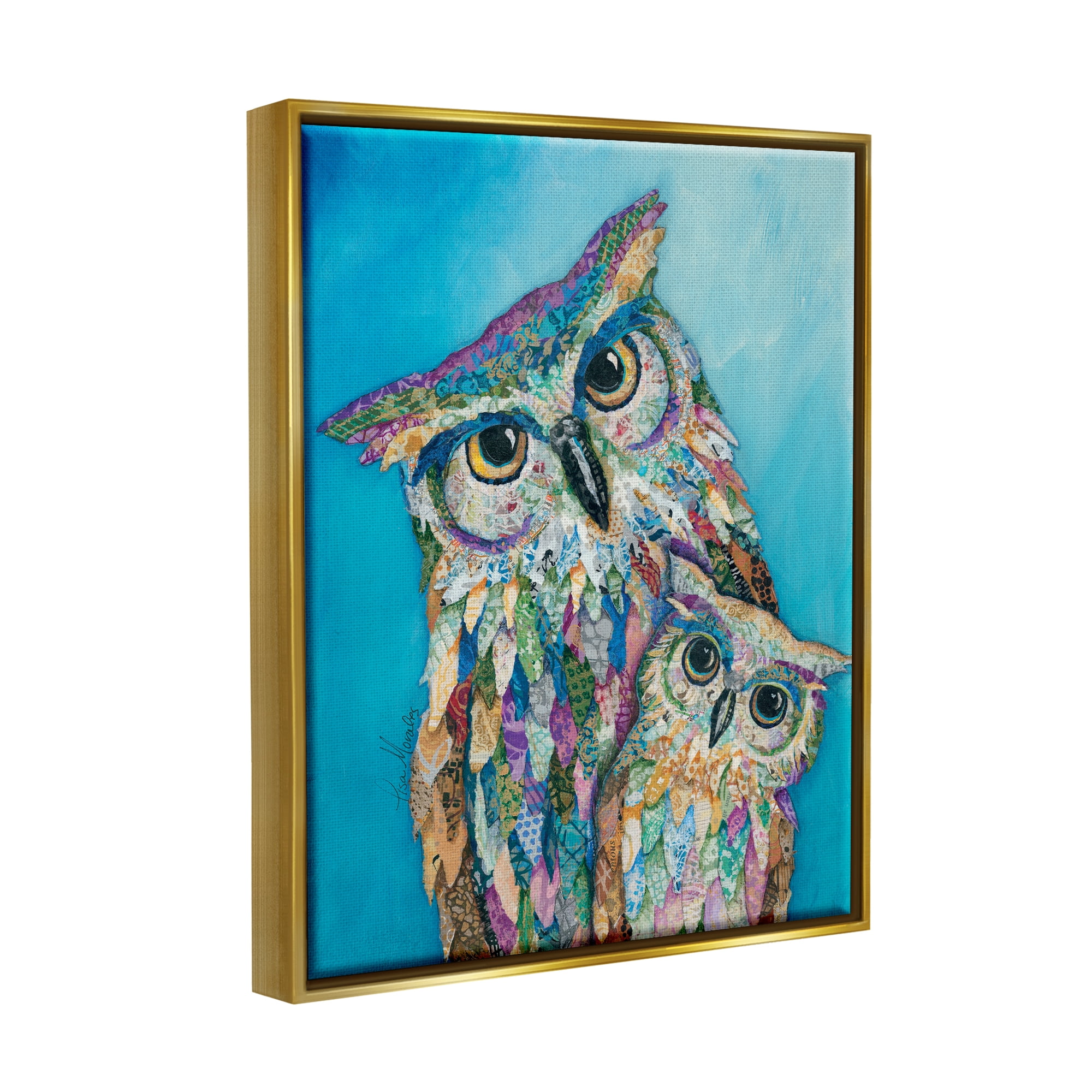 Stupell Industries Pair Wise Owls Varied Patterns Painting Collage Painting Metallic Gold Floating Framed Canvas Print Wall Art, Design by Lisa Morales