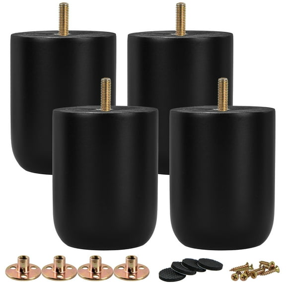 4 inch / 10cm Wooden Furniture Legs, TCHOSUZ Pack of 4 Black Solid Wood Round DIY Replacement Feet with M8 Hanger Bolts & T-Nuts or Sofa Table Couch Cabinet Recliner Ottoman Riser